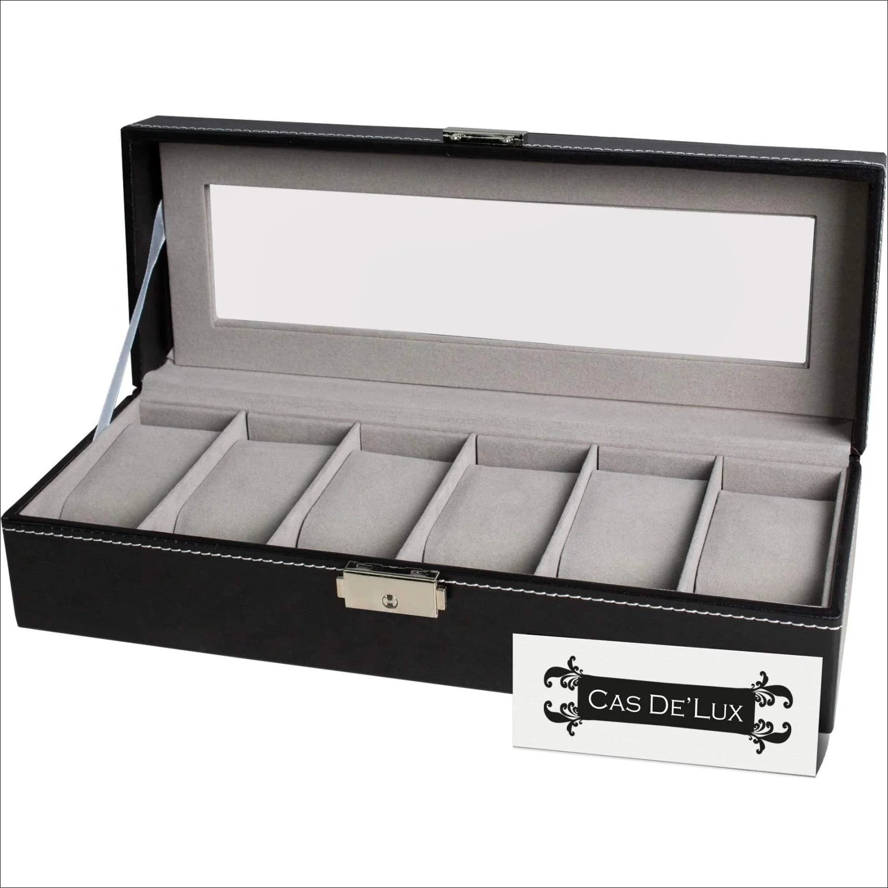 Luxury Watch Box 6 Velvet Pillow Slots, Premium Display Case with Framed Glass Lid, Elegant Contrast Stitching, Sturdy & Secure Lock - by