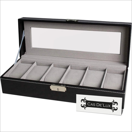Luxury Watch Box 6 Velvet Pillow Slots, Premium Display Case with Framed Glass Lid, Elegant Contrast Stitching, Sturdy & Secure Lock - by