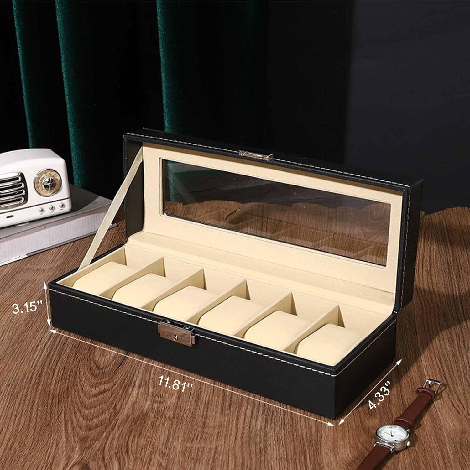 Watch Box Display Case, Leather Storage Organizer with Glass Top for Men and Women, 6 Slot, Black