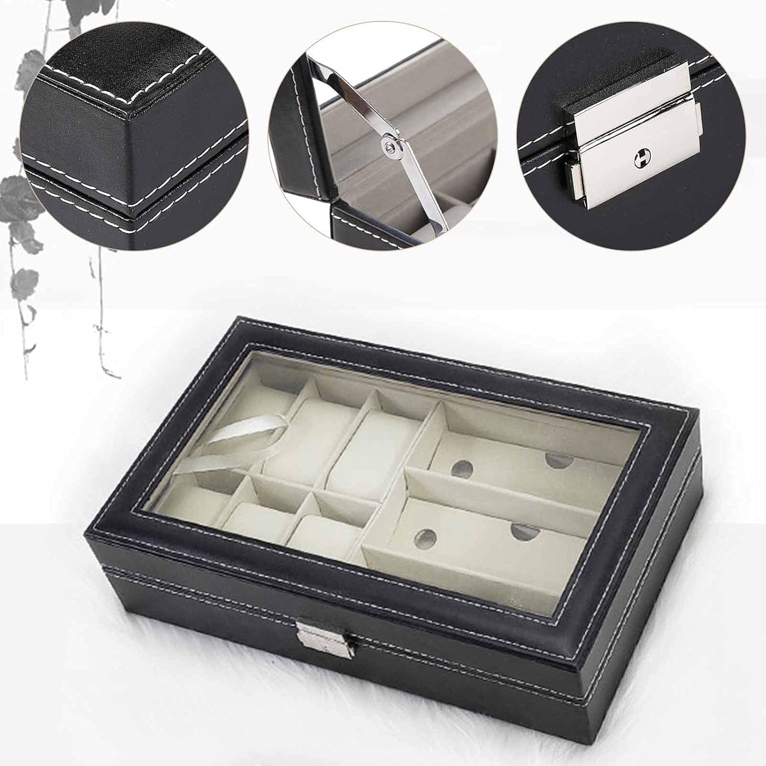 Watch Box, Sunglasses Display Case, Jewelry Storage Organizer with Glass Top for Men Women, Black
