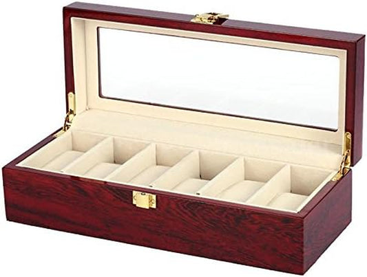 Zymise Watch Jewelry Box for Men 6 Slot Watch Case Display Box,Large Watch Display Case Organizer with Real Glass Window Top (6 Slots)