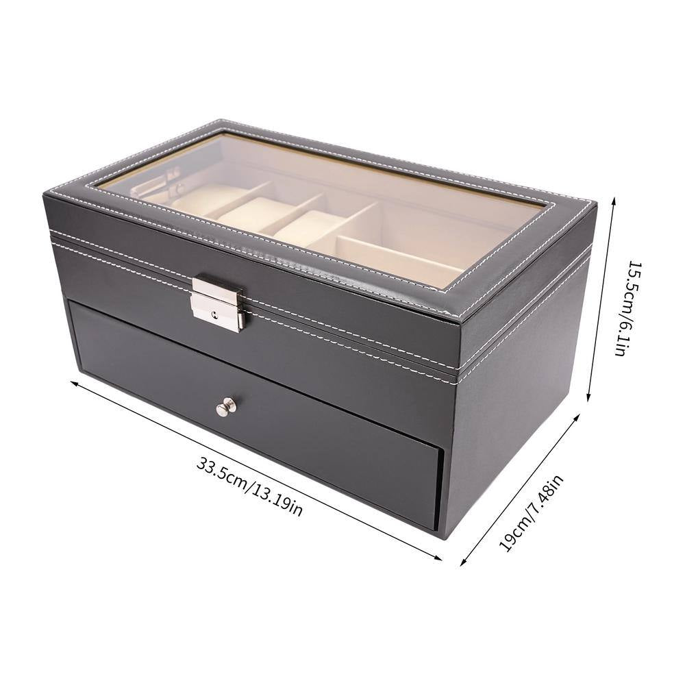Black Leather 6-Watch and 9-Piece Eyeglasses Storage Display Box