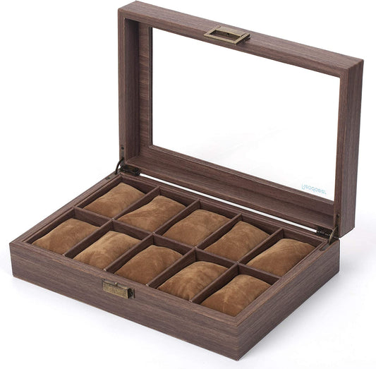 10 Slot PU Leather Watch Box Organizer Watch Case with Glass Top