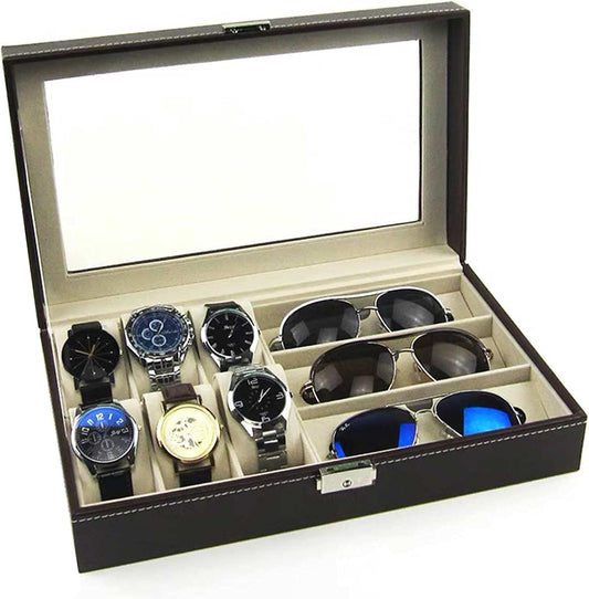 Watch Box, Sunglasses Display Case, Jewelry Storage Organizer with Glass Top for Men Women, Black