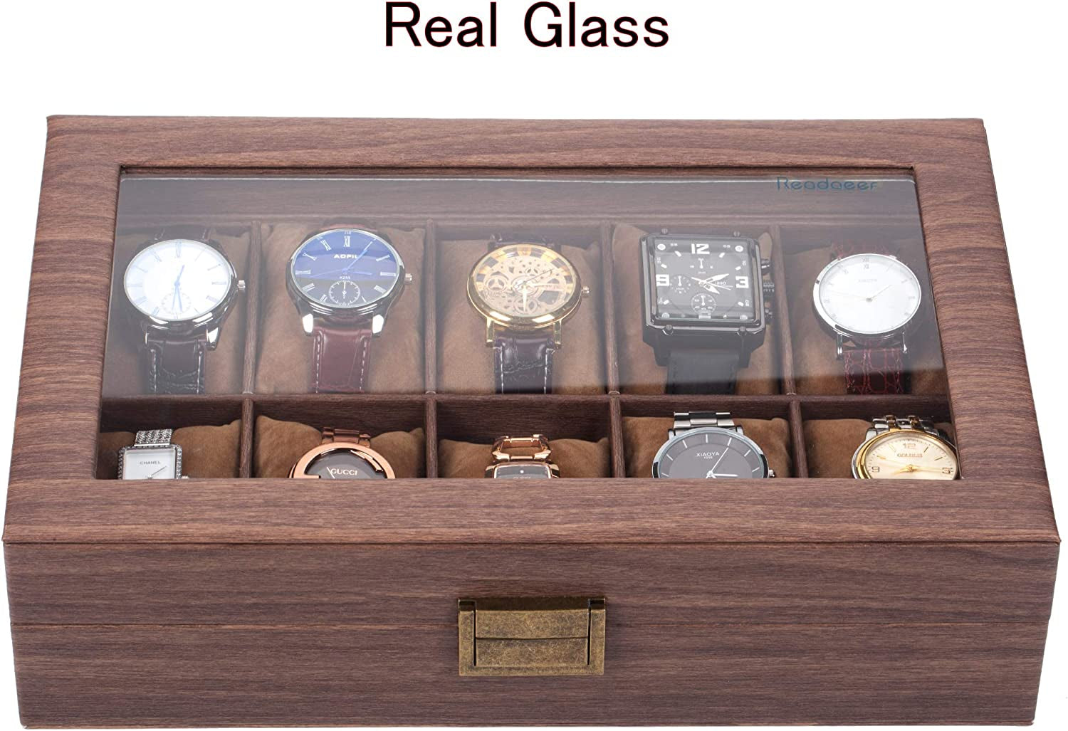 10 Slot PU Leather Watch Box Organizer Watch Case with Glass Top