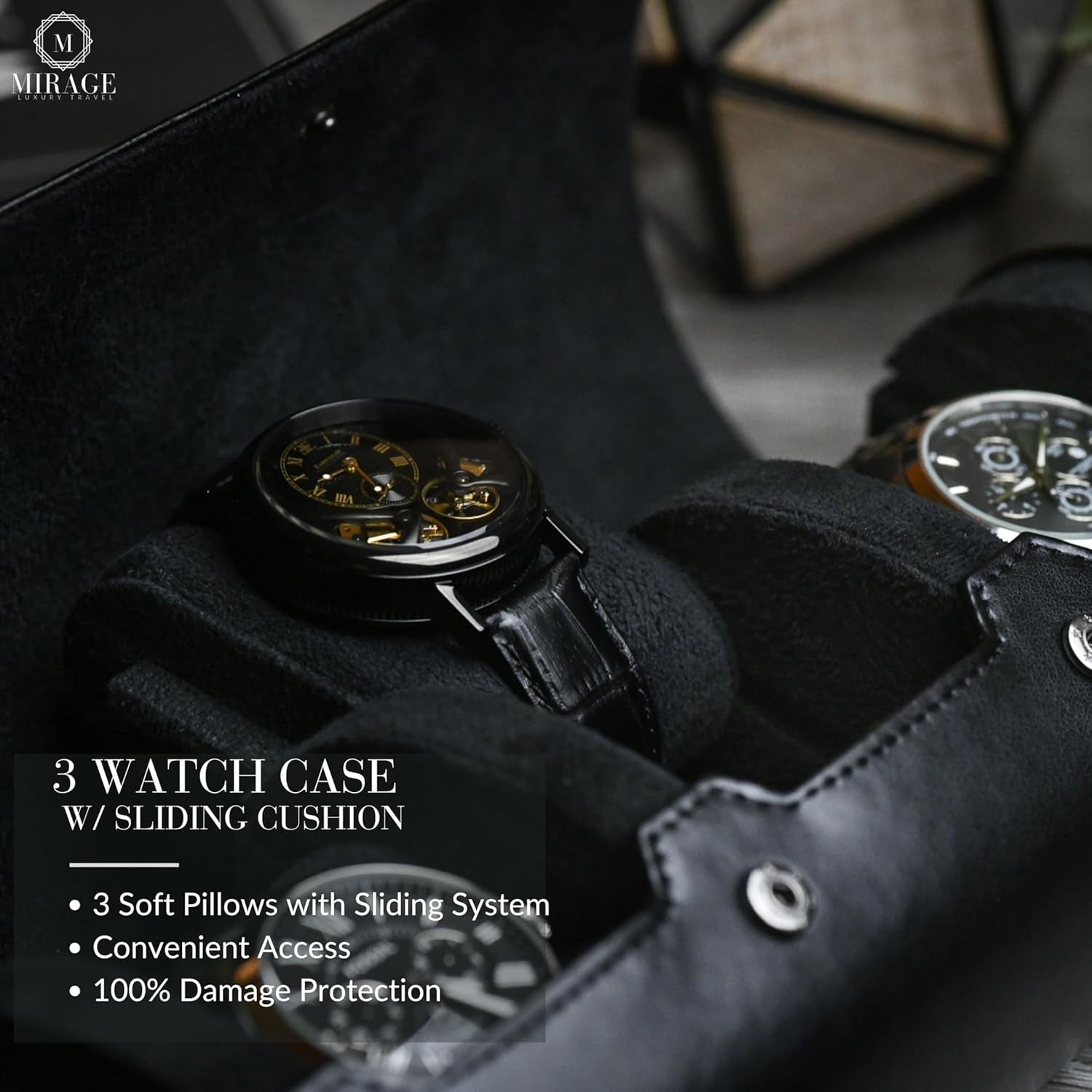 Travel Watch Case – 3 Watch Organizer Travel for Men Super Black Motif Vegan Leather