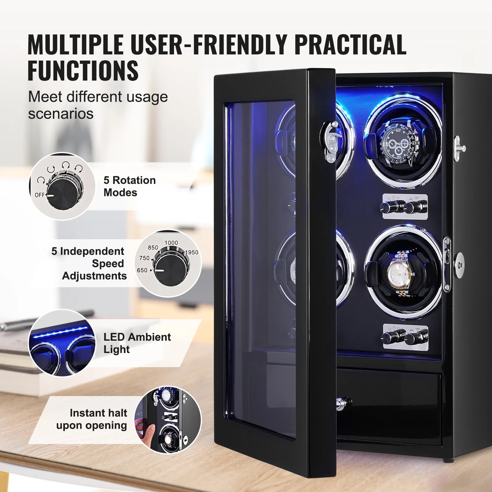 Watch Winder for 4 Automatic Watches with 4 Quiet Japanese Mabuchi Motors