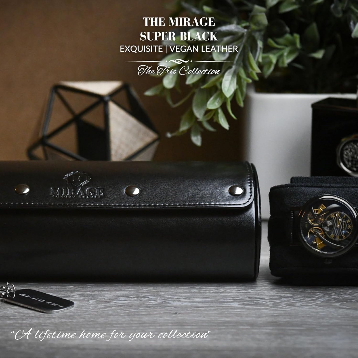 Travel Watch Case – 3 Watch Organizer Travel for Men Super Black Motif Vegan Leather